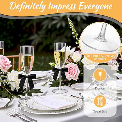 Zopeal Plastic Reusable Champagne Flute Glasses 6 oz and 50 Pcs Bow Set Acrylic Wedding Toasting Goblet 3.5" Bow Unbreakable Wine Cup for Bachelorette Bridal Shower Party(Clear and Black) - color: Clear and Black