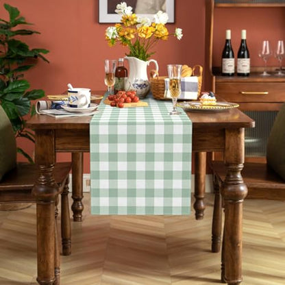 Sage Green Gingham Party Table Runner Green and White Checkered Plaid Decorations for Birthday Bridal Baby Shower Home Dining Kitchen Island Decor (13" x 120") - size: 13" x 120"
