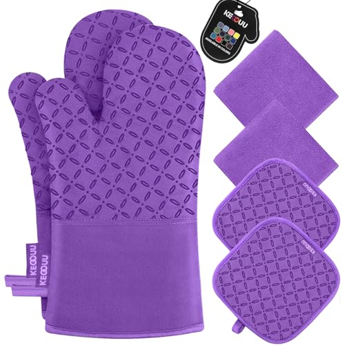 KEGOUU Oven Mitts and Pot Holders 6pcs Set, Kitchen Oven Glove High Heat Resistant 500 Degree Extra Long Oven Mitts and Potholder with Non-Slip Silicone Surface for Cooking (Purple) - color: Purple