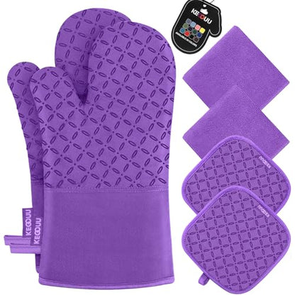 KEGOUU Oven Mitts and Pot Holders 6pcs Set, Kitchen Oven Glove High Heat Resistant 500 Degree Extra Long Oven Mitts and Potholder with Non-Slip Silicone Surface for Cooking (Purple) - color: Purple
