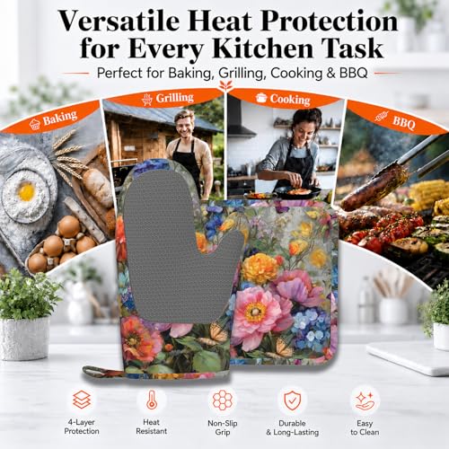 Wild Blooming Flowers Oven Mitts and Pot Holders Sets Butterflies Silicone Kitchen Mitts Potholders Heat Resistant Oven Gloves Hot Pads for Kitchen Baking Cooking BBQ - color: Wild Blooming Flowers
