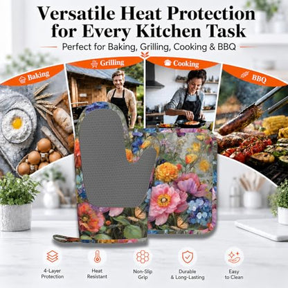 Wild Blooming Flowers Oven Mitts and Pot Holders Sets Butterflies Silicone Kitchen Mitts Potholders Heat Resistant Oven Gloves Hot Pads for Kitchen Baking Cooking BBQ - color: Wild Blooming Flowers