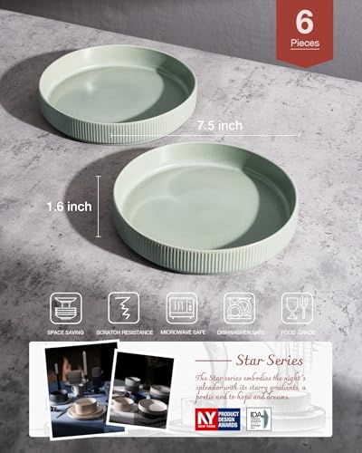 famiware Star 7.5" Pasta Bowls Set of 6, Plate Bowls, Light Green | Double Reactive Glaze, Microwave & Dishwasher Safe, Lead-free and Cadmium-free, Stoneware Scratch Resistant, Kitchen Bowls - color: Light Green, size: 6 pcs