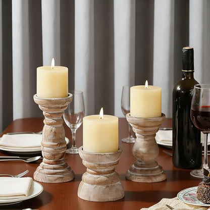 Rustic Wooden Pillar Candle Holders Set of 3 InDistressed Brown, Florence Style, Farmhouse Wooden Candle Holder, Wooden Candle Stand, Small Wooden Candlestick Holders, Living Room, Table Centerpiece