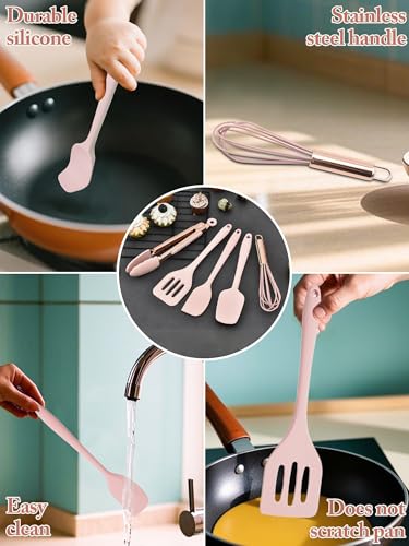 Kitchen Utensil Set,5 Pcs Mini Silicone Cooking Utensils Sets,Heat Resistant Non Stick Kitchens Gadgets BPA-Free Spatula Set,Kitchen Set for Cooking(Pink) - color: Pink