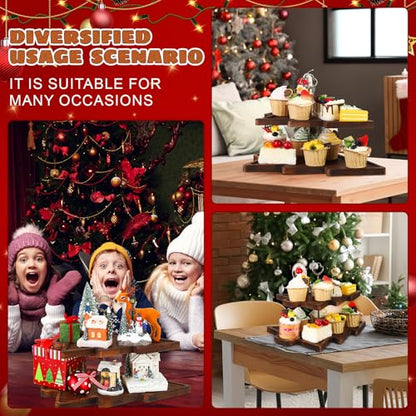 Wood 2-Tiered Christmas Tree Tray Cupcake Stand Dessert Display Holiday Serving Platters Xmas Wooden Charcuterie Board for Snacks Food Fruit Appetizers Desserts Cookies (Dark Brown) - color: Dark Brown