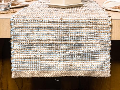 Natural Jute Table Runner, 13x90 Inch, Sky Blue-White | Vintage Boho Rustic Decor, Handwoven, Farmhouse Dining or Console Accent - color: Natural Jute-sky Blue-white, size: 13x90 Inch.