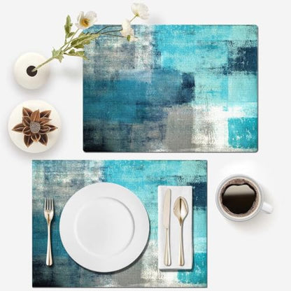 Mcalk Farmhouse Turquoise Table Runner and Placemats Set of 6 Pieces,Teal Turquoise Placemats Modern Art,Blue Grey Abstract Art Cloth Place Mats for Kitchen,Linen Material for Dining Table - color: 01turquoise