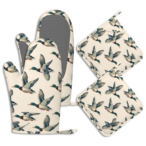 Oven Mitts and Pot Holders Sets Mallard Duck Silicone Kitchen Mits Potholders Vintage Rustic Wild Birds Heat Resistant 4Pcs Oven Gloves Hot Pads for Baking Cooking BBQ Grilling Home Decor - color: Mallard Duck,vintage Rustic Wild Birds
