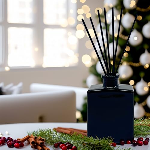 Reed Diffuser Set, Holiday Cheer - Bathroom Shelf Décor | Cranberry, Cinnamon, Evergreen, Cedar & Smokey Wood, 5 ounce Sleek Black Rectangular Refillable Glass Bottle, Made in the USA - color: Holiday Cheer