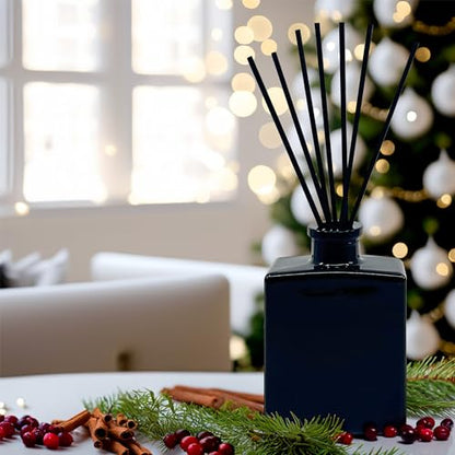 Reed Diffuser Set, Holiday Cheer - Bathroom Shelf Décor | Cranberry, Cinnamon, Evergreen, Cedar & Smokey Wood, 5 ounce Sleek Black Rectangular Refillable Glass Bottle, Made in the USA - color: Holiday Cheer