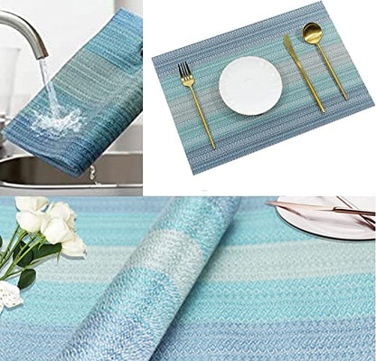 Placemats, Woven Vinyl Crossweave Kitchen Tablemat，Washable PVC Table Mats Sets for Dining Table, Parties, Farmhouse, Thanksgiving, Christmas & Gathering (6 Placemats + 1 Table Runner, Coastal Blue)