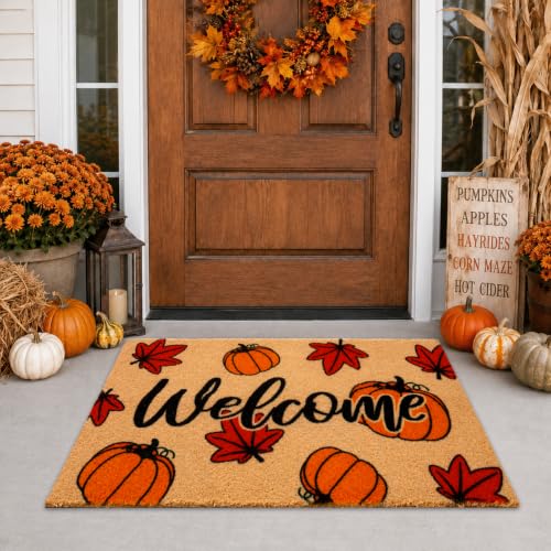Fall Maple Leaf Welcome Door Mat-Maple Pumpkin Fall Outdoor Coir Doormat | Rubber Non Slip Backing Mat with Autumn Thanksgiving Decoration for Home Front Entrance Floor Porch Entryway, 29 x 17 IN - color: Brown Pumpkin