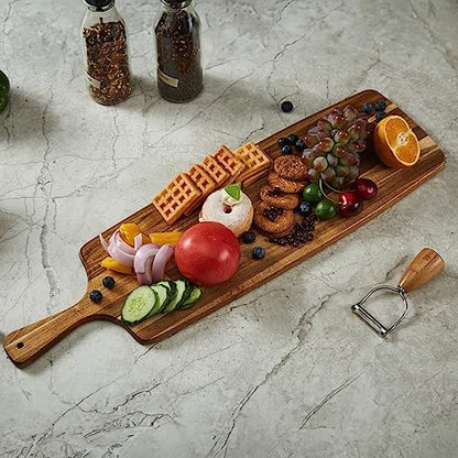 Acacia Wood Cutting Board and Large Charcuterie Board with Handle - Long Serving Board for Veggies, Bread, Cheese Board, Appetizers, and Picnic Celebrations, 24x7 Inch - size: 24"L x 7"W