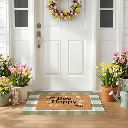 Bee Happy Layered Doormat Set, Spring Door Mat with Printed Coir Welcome Mat and Plaid Layering Rug, Farmhouse Front Door Entryway Decorative Porch Mat (Green, 2'4" x 3'7") - color: Green, size: 3'7" x 2'4" (Rectangular)