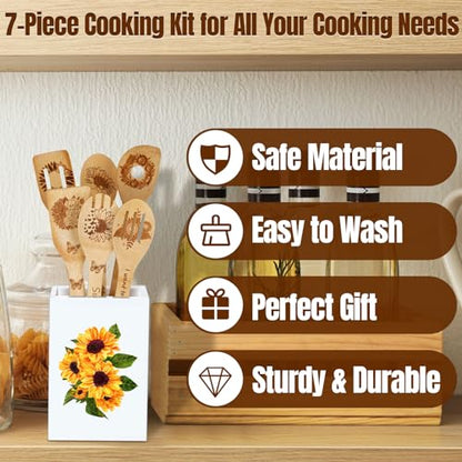 7 Pcs Sunflower Kitchen Utensils Set Bamboo Spoons for Cooking with Utensils Holder Sunflower Kitchen Decor Cute Utensil Caddy Farmhouse Kitchen Counter Decor for Countertop