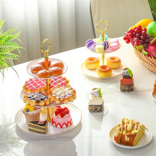 Teenyyou 16 Pack 3 Tier Cupcake Stand Bulk Tiered Dessert Stand Thick Plastic Serving Tray with Gold Edges Dessert Table Display Set Tea Cake Holder for Wedding Birthday Party (White) - color: White