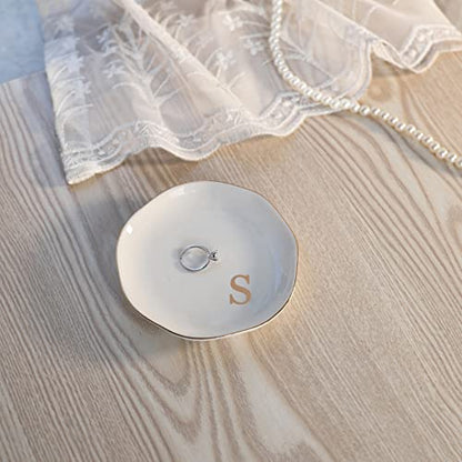 Initials Ring Dish Jewery Tray with Personalized S-Monogrammed Engagement Wedding Gifts for Friends,Sister,Birthday Christmas Gifts for Women,Ceramic White - style: s