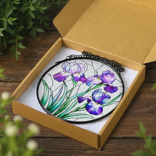 Stained Glass Window Hanging, 8 Inch Purple Irises Stained Glass Suncatcher, Flower Sun Catchers Indoor Window, Iris Flowers Gift, Flower Lovers Gifts, Housewarming Gift, Gifts for Her or Women - color: Iris Flower