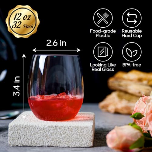 FOCUSLINE 32 Pack Plastic Wine Glasses Stemless, 12 Oz Crystal Clear Disposable Wine Cups, Reusable Plastic Wine Glasses for Parties Weddings, Shatterproof Recyclable and BPA-Free - color: 12OZ-32-CLEAR