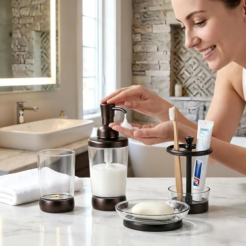 LGURT 4pc Coffee Brown Clear Plastic Bathroom Accessories Set | Soap dispenser, toothbrush holder, soap dish, cup. vintage modern style. Fits vanity, dorm, gift-ready.