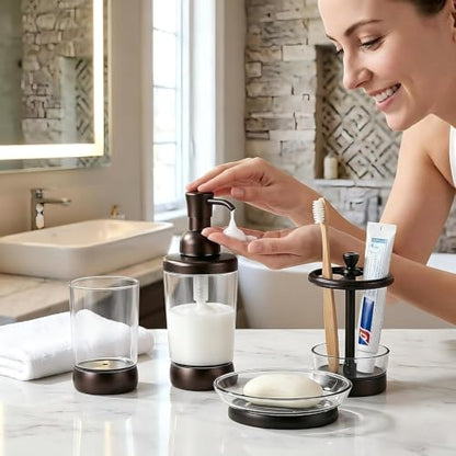 LGURT 4pc Coffee Brown Clear Plastic Bathroom Accessories Set | Soap dispenser, toothbrush holder, soap dish, cup. vintage modern style. Fits vanity, dorm, gift-ready.