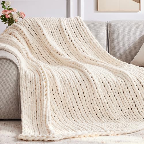 Negwoo Chunky Knit Throw Blanket, Knitted Throw Chenille Yarn, 30"*40" | Soft Thick Cable Knitted Blankets, Handmade Big Thick Blanket, Machine Washable Cute Comfy Blanket for Home Decor,Cream White - color: Cream White, size: 30"x40"