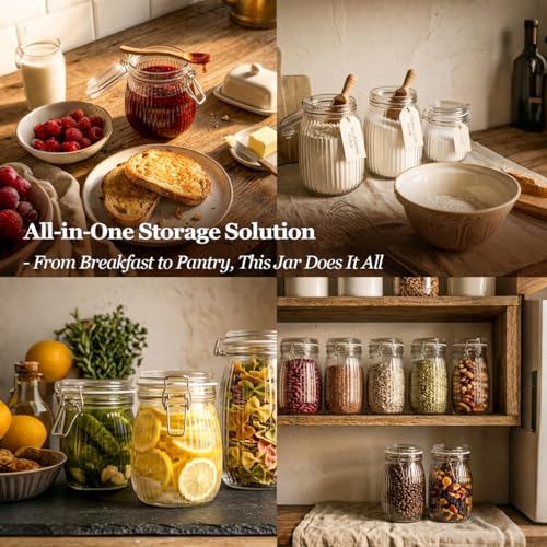 ComSaf Small Ribbed Glass Jars with Airtight Lids 17 oz 6 Pack Wide Mouth | Flour sugar coffee beans, Fermenting pickling, Farmhouse pantry decor, Jam jelly honey, Nuts snacks spices, Kitchen storage - size: 17oz*6-Ribbed