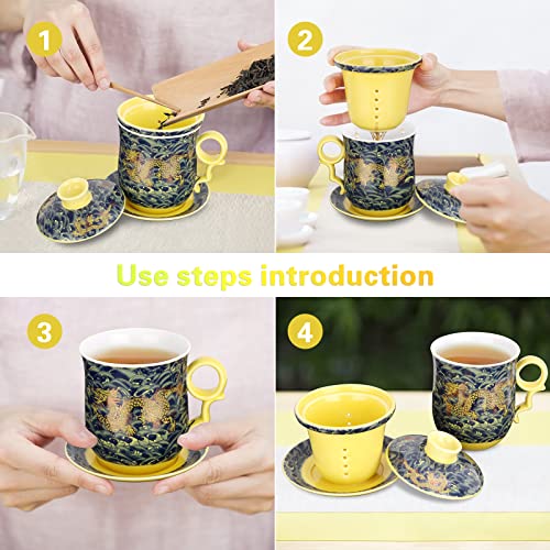 Chinese Tea Cup with Lid, Dragon Pattern, Dark Green, 11.8 fl oz (350ml) | Asian tea cup with lid, dragon pattern, removable infuser, matching saucer, for personal loose-leaf brewing - color: Dark Green