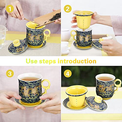 Chinese Tea Cup with Lid, Dragon Pattern, Dark Green, 11.8 fl oz (350ml) | Asian tea cup with lid, dragon pattern, removable infuser, matching saucer, for personal loose-leaf brewing - color: Dark Green