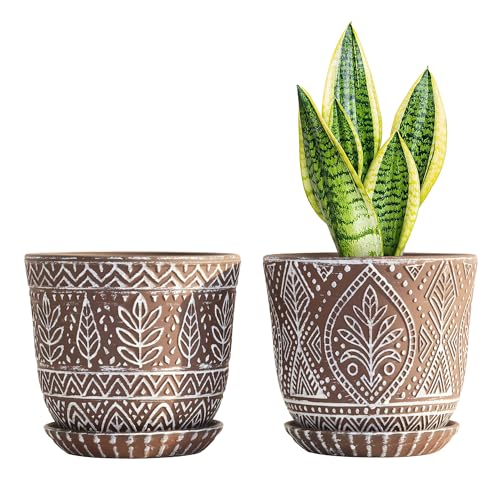 Gepege Ceramic Plant Pots, 6 Inch Indoor Planters with Drainage & Saucers | Ceramic pots for plants with drainage holes, ceramic saucers and mesh pads, ideal for flowers, herbs and succulents, set of 2 - color: Brown-b, size: 6 Inch - Set of 2