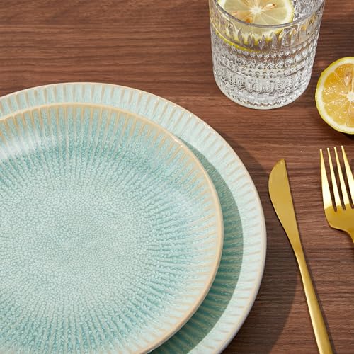 Ceramic Dinnerware Sets for 4, 12pcs Plates and Bowls Sets Dish Set | Stoneware Dishware sets, Microwave & Dishwasher Safe, Cereal Bowls and Dinner Plates Set, Stackable Dishes Set, Green - color: Embossed Green, size: Set (12pcs)