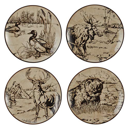 Mossy Oak 16-Piece Stoneware Dinnerware Set, Service for 4 with Dinner Plates, Salad Plates, Bowls and Mugs, Lodge-Style Wildlife Animal Sketch Design, Dishwasher and Microwave Safe
