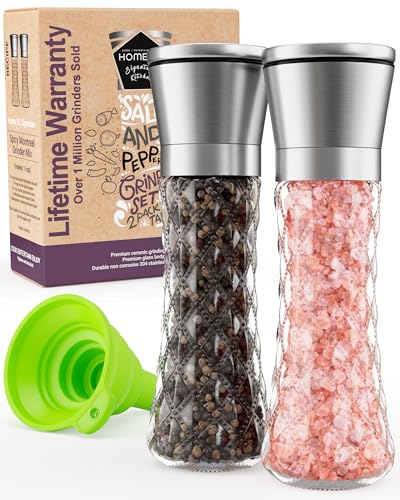 Home EC Original Stainless Steel Sea Salt and Pepper Grinder Set of 2 - Adjustable Ceramic Grinder - Diamond Pattern Glass - Salt and Pepper Shakers - Kitchen Spice Mill - Modern Kitchen Accessories - color: Diamond Facet Glass, size: 2pk
