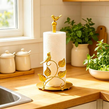 Gold Paper Towel Holder Countertop Golden Bird Decor Cast Iron Solid Birds and Leaves for Home Gold Kitchen Decor Unique Paper Towel Holder Golden
