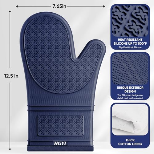 Silicone Oven Mitts, Heat Resistant Oven Gloves with Quilted Liner, Waterproof & Non-Slip Kitchen Mittens for Baking Cooking BBQ, 500°F, 12.5"-Ink Blue - color: Ink Blue