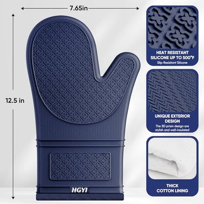 Silicone Oven Mitts, Heat Resistant Oven Gloves with Quilted Liner, Waterproof & Non-Slip Kitchen Mittens for Baking Cooking BBQ, 500°F, 12.5"-Ink Blue - color: Ink Blue