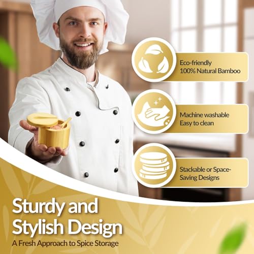 Flexzion Bamboo Salt Cellar with Lid and Spoon, Salt and Pepper Box, 2 Pack | 6 Oz Salt Containers for Countertop Storage with Magnetic Swivel Lids for Pepper, Spices, Sugar, Herbs, and Seasonings