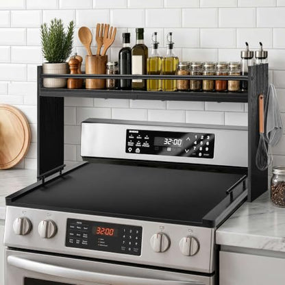 Noodle Board Stove Cover and Over the Stove Spice Rack Combo Set | Expands Countertop Space, Stove Top Cover Used as Serving Tray, Sink Cover, Spice Shelf with 4 Hooks, Farmhouse Decor, Black - color: Set - Black