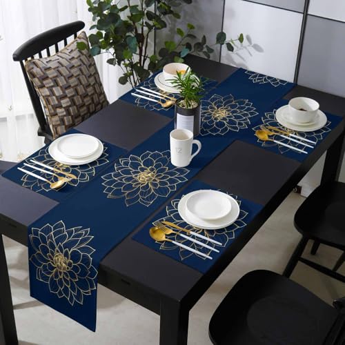 Table Runner and Placemats Set of 4 Abstract Golden Flower Decorative Dining Table Runner with Matching Placemats Floral Blue Modern Art Table Decor for Kitchen Dining Room and Everyday Use 13x90in - size: 13"x90"+4pcs