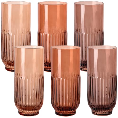 Brown Drinking Glasses Cups Set of 6,Brown Ribbed Highball Glasses 13oz,Vintage Ribbed Tumbler Glasses for Water, Cocktail,Whiskey,Juice Beer - color: Melanie-13oz-6pcs
