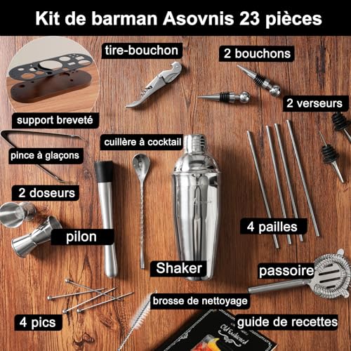 23-Piece Cocktail Shaker Set with Stand, 304 SS, Bartender Kit Gift | Complete Home Bar Set: Leak-proof Shaker, Jigger, Muddler, 18/8 Steel, Gift for beginners, cocktail lovers & house parties - color: chocolate-y