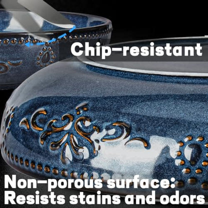 Pasta Bowls, 50oz Large Salad Serving Bowls, 9.75'' Plates Bowls Set of 4, Big Ceramic Soup Bowls for Kitchen, Embossment Shallow Dinner Bowl, Microwave Dishwasher Safe, Multiple Patterns, Blue - color: Blue (Multiple Patterns)