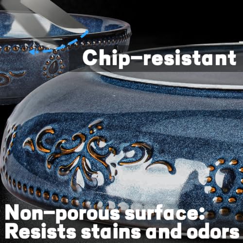 Pasta Bowls, 50oz Large Salad Serving Bowls, 9.75'' Plates Bowl Set of 4, Big Ceramic Soup Bowl for Kitchen, Embossment Shallow Dinner Bowl, Microwave Dishwasher Safe, Damask Floral, Blue - color: Blue (Damask Floral)