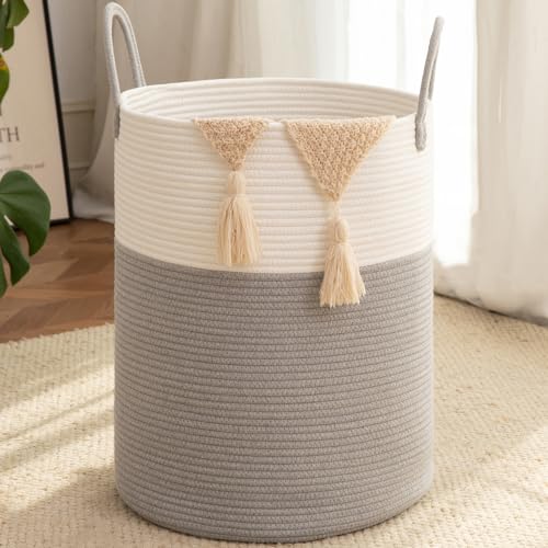 OIAHOMY Large Laundry Basket Hamper - 60L Cotton Rope Woven Basket for Blankets, Toys, Clothes - Tall Decorative Nursery Hamper with Long Handles, Grey/White - color: Grey/White, size: 60L