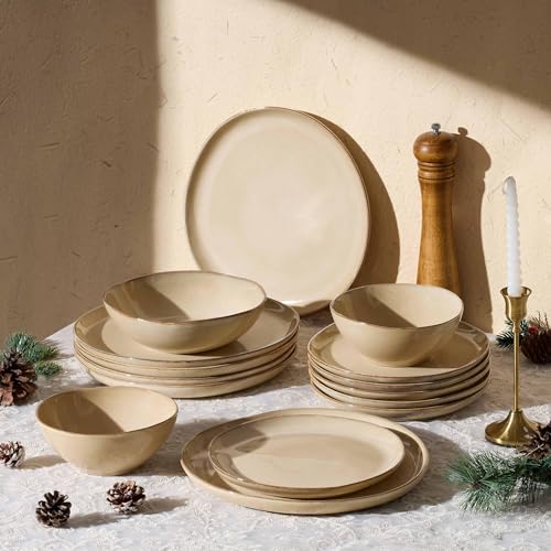 Herogo Dinnerware Sets for 6, 24pcs Stoneware Dinner Dish Set, Irregular Handmade Plates and Bowls Dishware, Crack and Scratch Resistant, Microwave & Dishwasher Safe, Cream Khaki - color: Cream Khaki, size: 6 Set (24pcs)