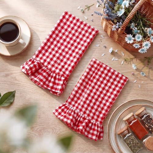 HunnmingRe Red Kitchen Towels Set of 2, 100% Cotton Ruffled Gingham Dish Towels 18"x28" Tea Cloths Classic Plaid Pattern for Farmhouse Charm, Drying Dishes, Entertaining Guests - color: Red, style: Gingham