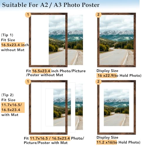 A2 Picture Frame with A3 Mat, Display 11.7x16.5 inch A3 with Mat or 16.5x23.4 inch A2 Without Mat, Wood 16.5 by 23.4 Photo Frame for Wall Hanging, Deep Brown, 3 Pack - size: A2, 16.5x23.4 inch