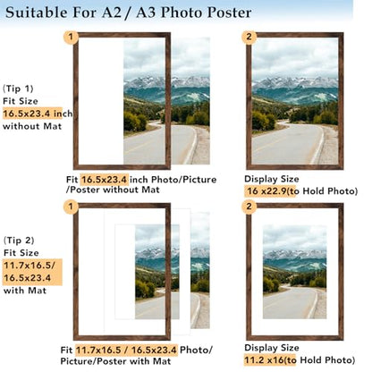 A2 Picture Frame with A3 Mat, Display 11.7x16.5 inch A3 with Mat or 16.5x23.4 inch A2 Without Mat, Wood 16.5 by 23.4 Photo Frame for Wall Hanging, Deep Brown, 3 Pack - size: A2, 16.5x23.4 inch