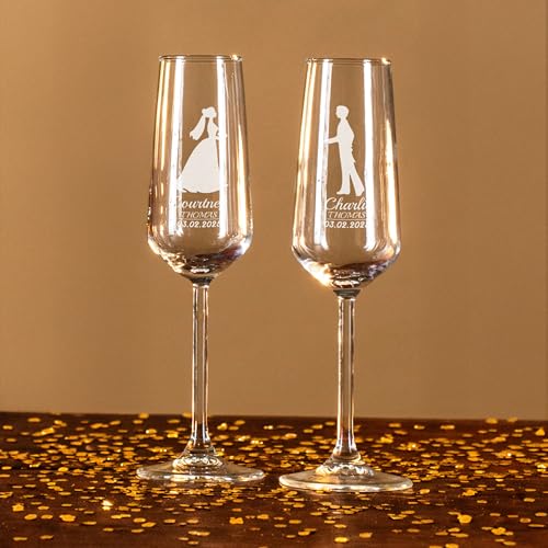 Personalized Bride and Groom Champagne Flutes – Engraved Wedding Glasses with Silhouette Design, Custom Names & Date, Wedding Toast Glasses (Champagne Flutes-D4) - color: Champagne Flutes-D4